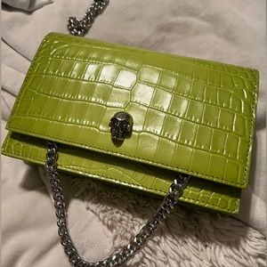 Alexander McQueen Lime Green Mini Skull Croc-Embossed Leather Shoulder Bag NWT
